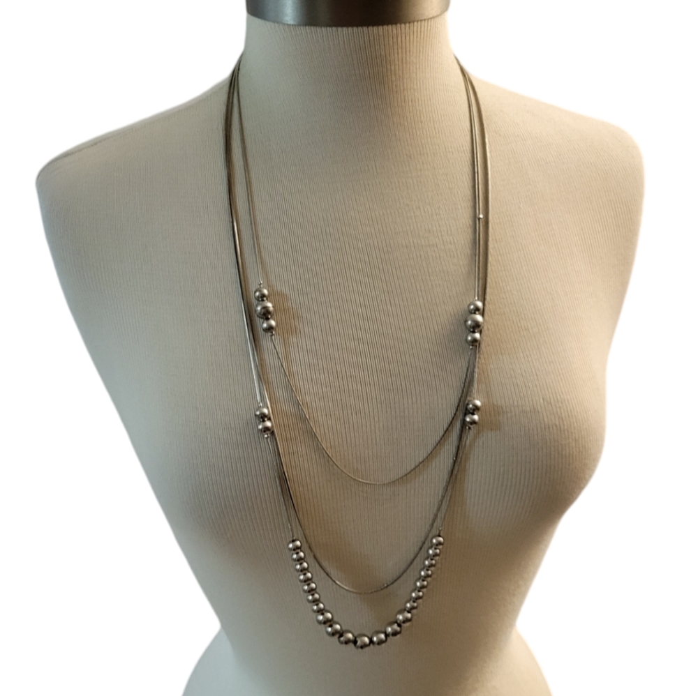 Silvertone 3 Chain Necklace With Floating Beads